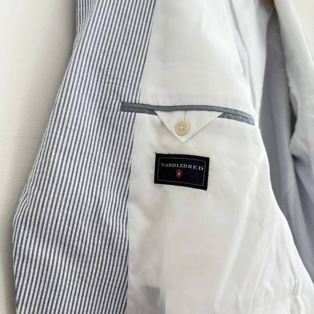 Saddlebred Seersucker Blazer Men 54R Blue White Striped Cotton Sport Coat Jacket